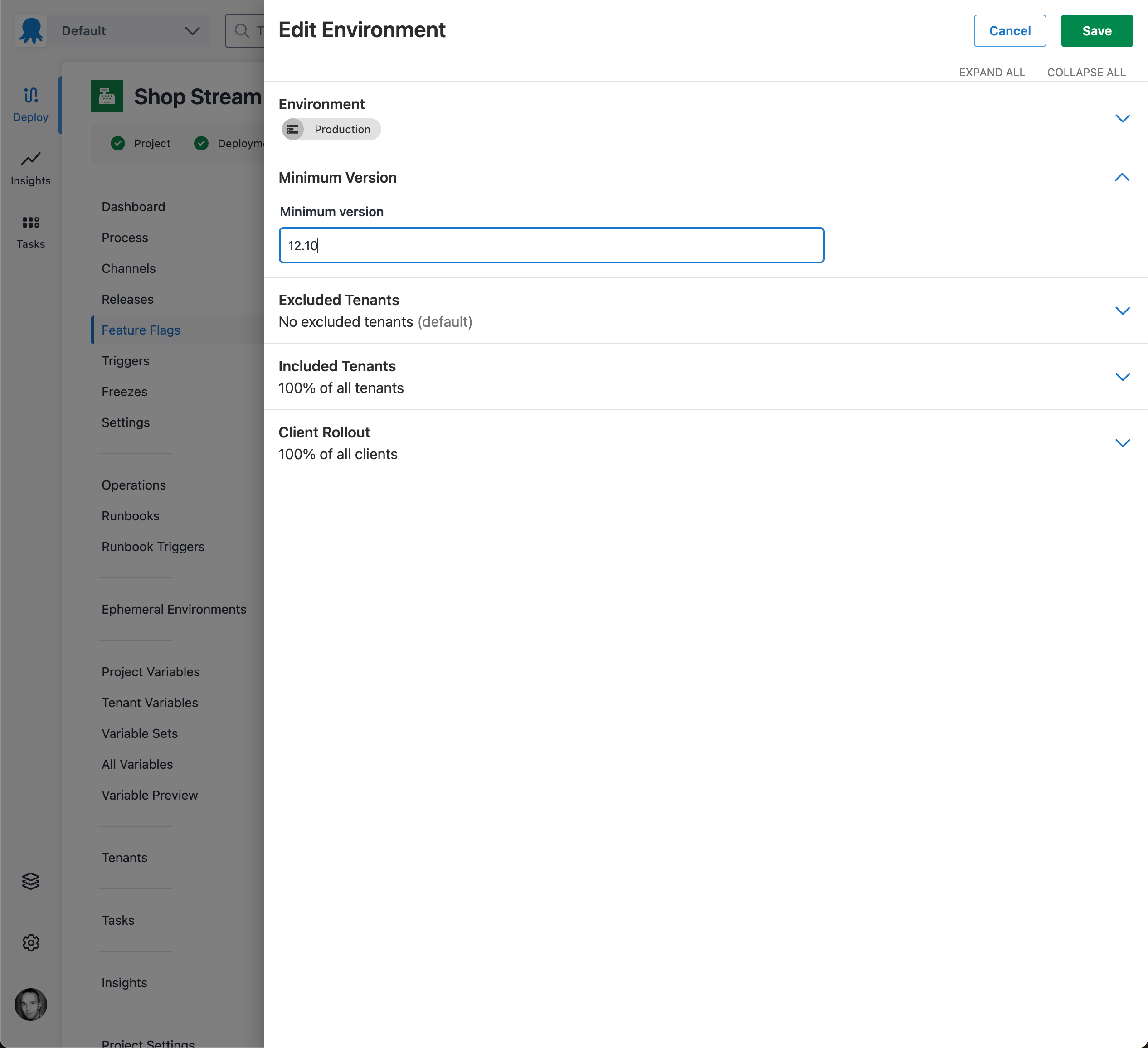 Screenshot of feature flag environment drawer, minimum version section is expanded, minimum version input has value 12.1.0