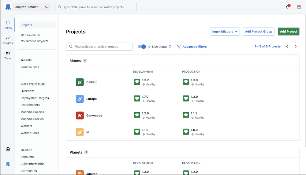 A screenshot of the Space dashboard showing live status