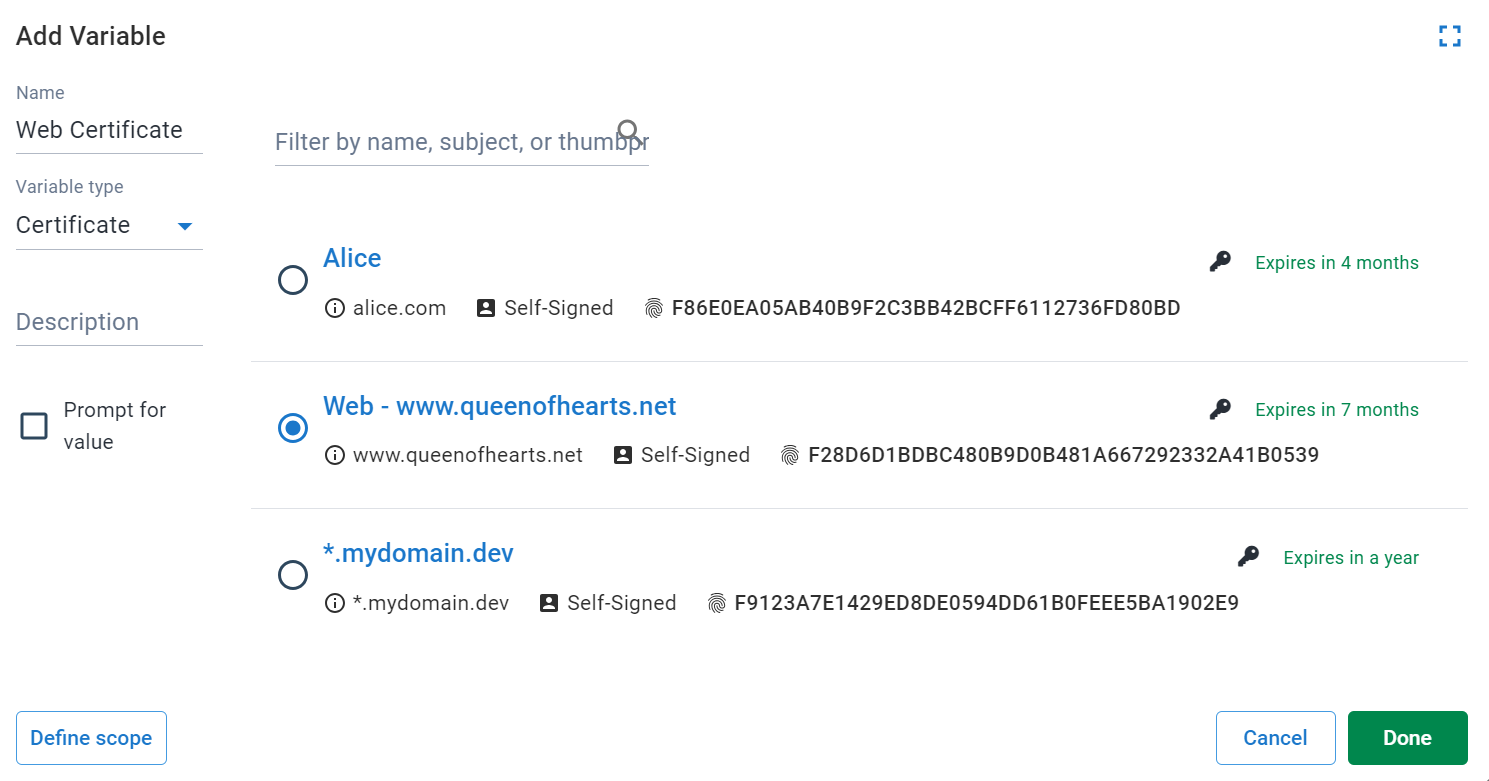 Selecting Certificate as the variable type in the variable editor